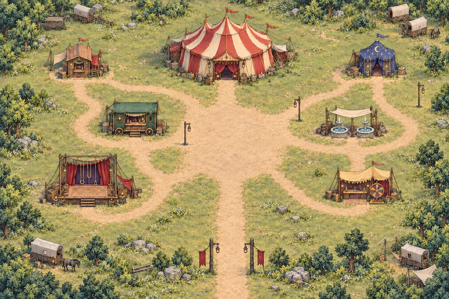 The Circus fairground in pixel art, with its tents and paths